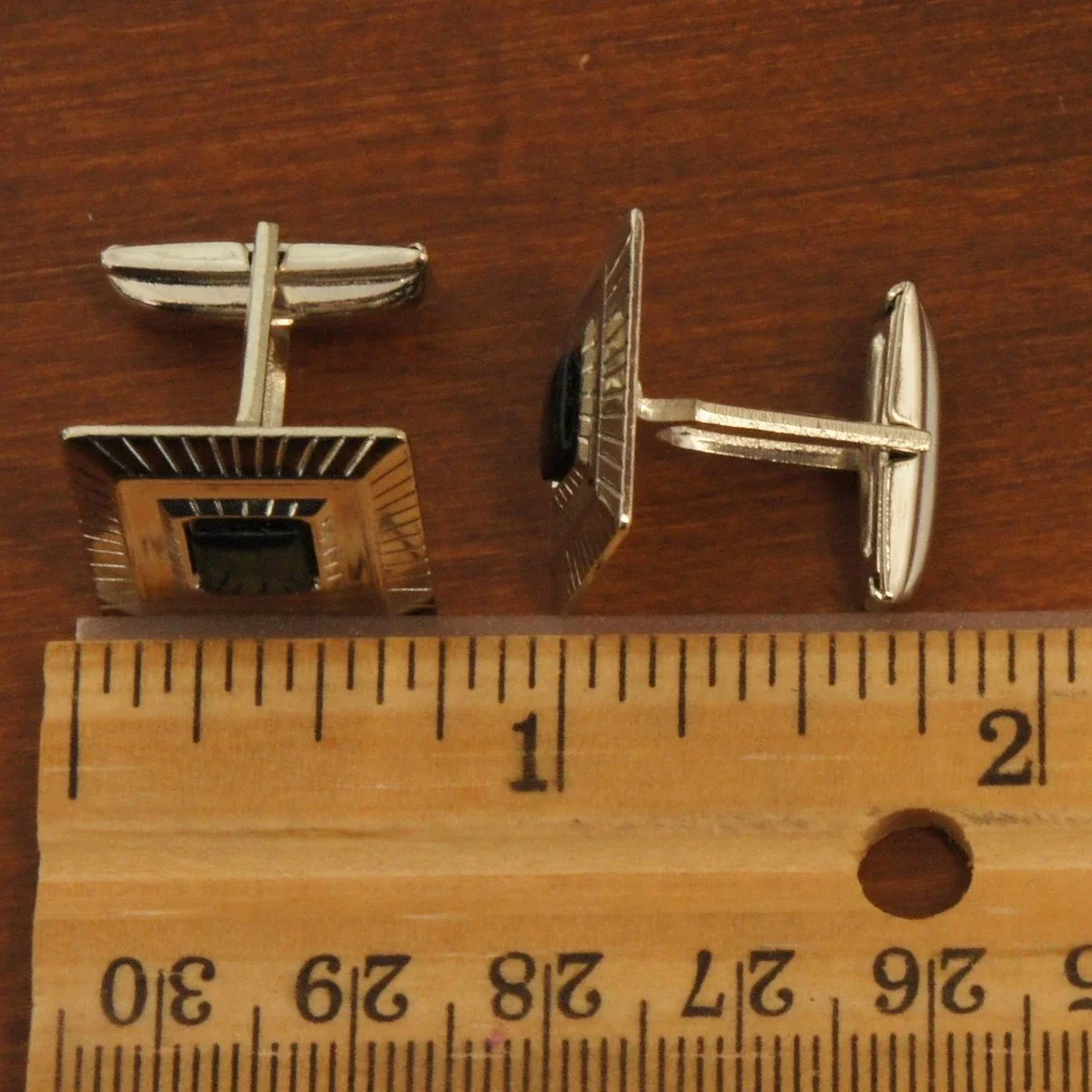 Silver Tone Black Inset Cufflinks Geometric Square Art Deco Style Pair